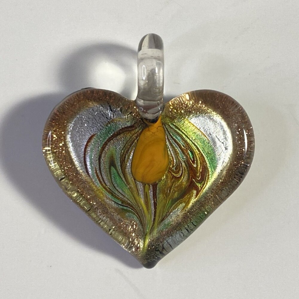 Murano Style Glass Heart Pendant Gold Swirl Black Backing